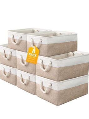 Set of 8 Fabric Storage Bins in Beige and White